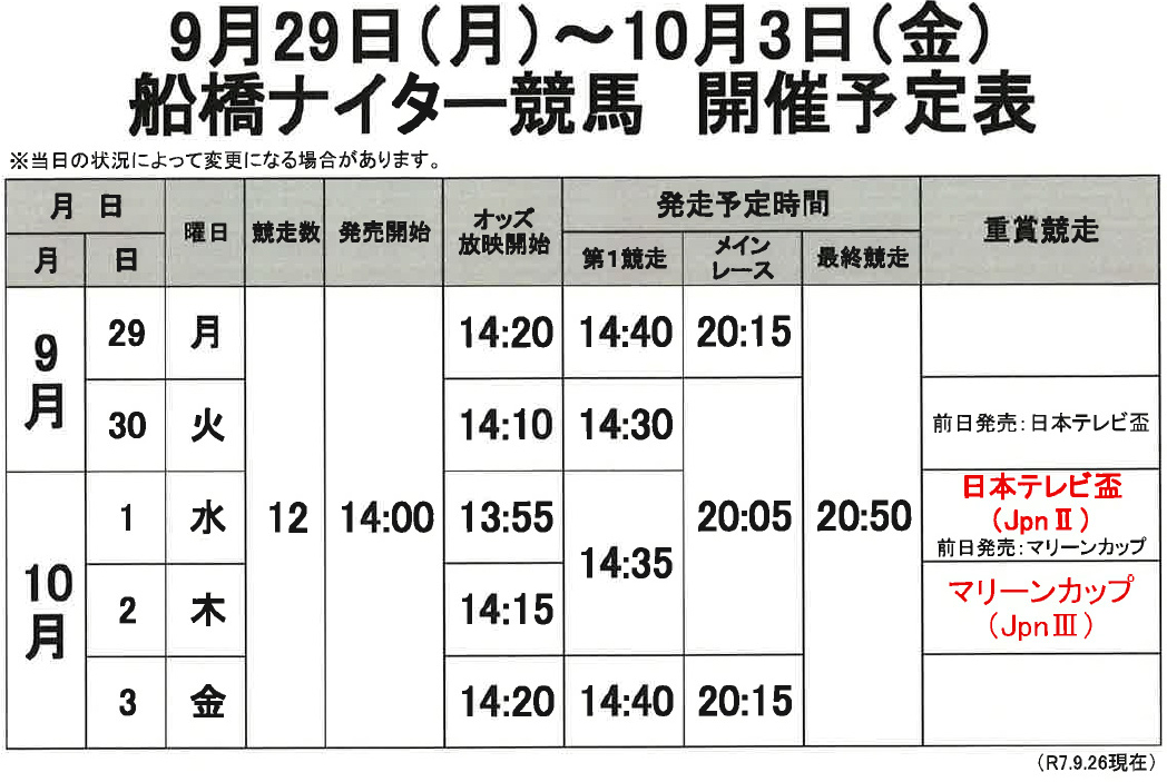 船橋ナイター競馬 開催予定表 9月29日（月）～10月3日（金）